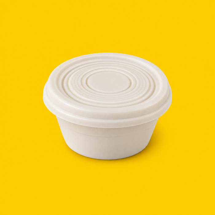 Cornstarch lid fitted on a 2oz sauce pot, on yellow