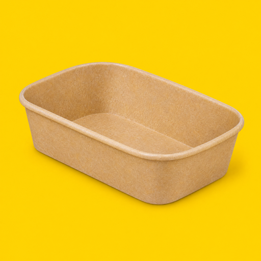 Brown kraft rectangular salad bowl 500ml, on yellow