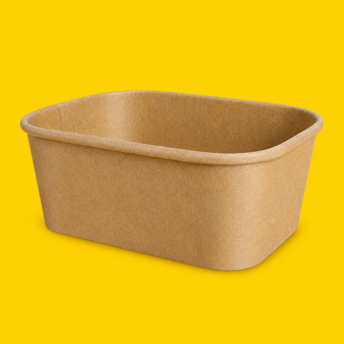 Brown kraft rectangular salad bowl 750ml, on yellow