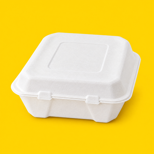 White bagasse 8x8 inch clamshell, closed, on yellow