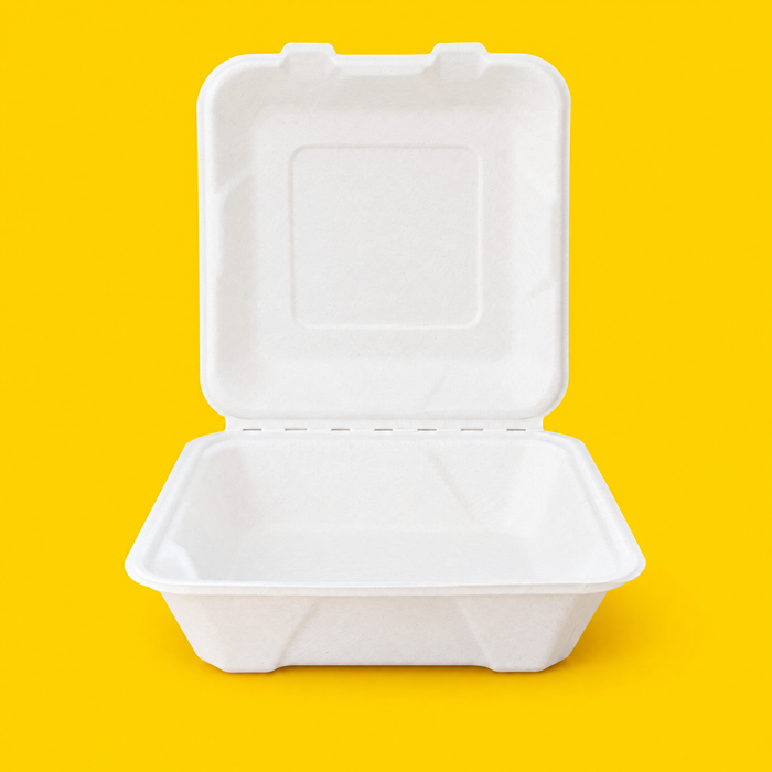 White bagasse 8x8 inch clamshell, open, on yellow