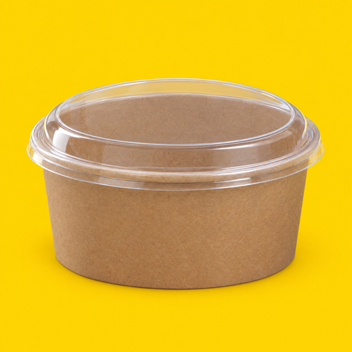 Brown kraft round salad bowl 750ml with clear lid fitted, on yellow