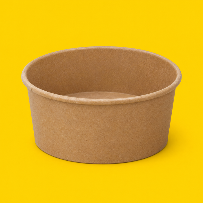 Brown kraft round salad bowl 750ml, on yellow