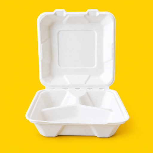 White bagasse 8x8 inch three-compartment clamshell, open, on yellow