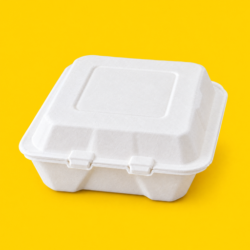 White bagasse 8x8 inch three-compartment clamshell, closed, on yellow