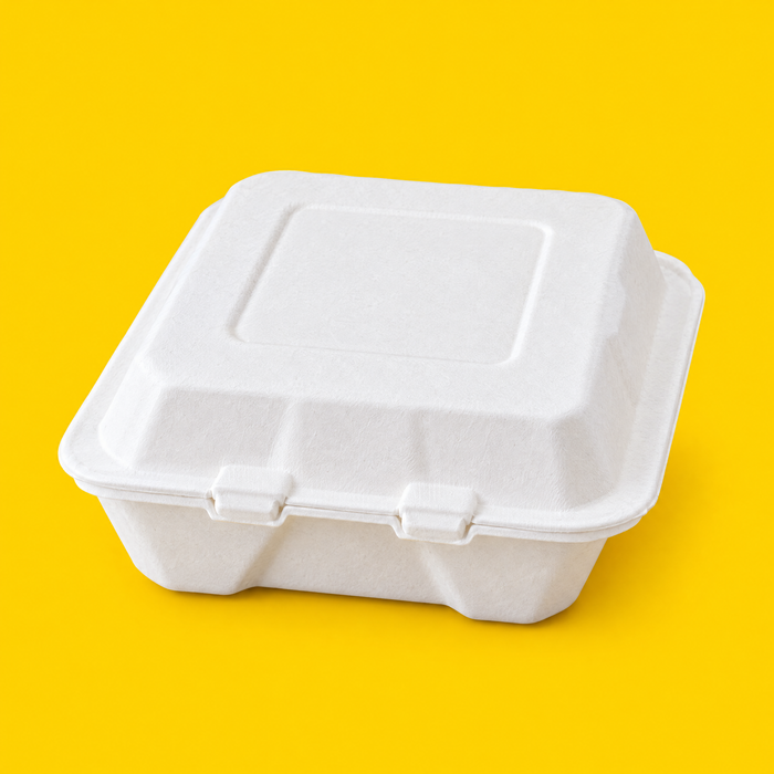 White bagasse 8x8 inch three-compartment clamshell, closed, on yellow