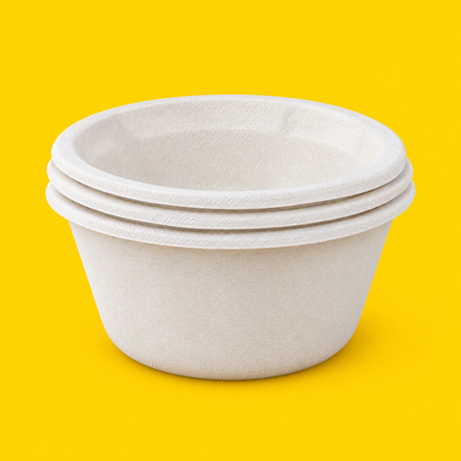Stack of natural bagasse round bowls 1000ml, on yellow