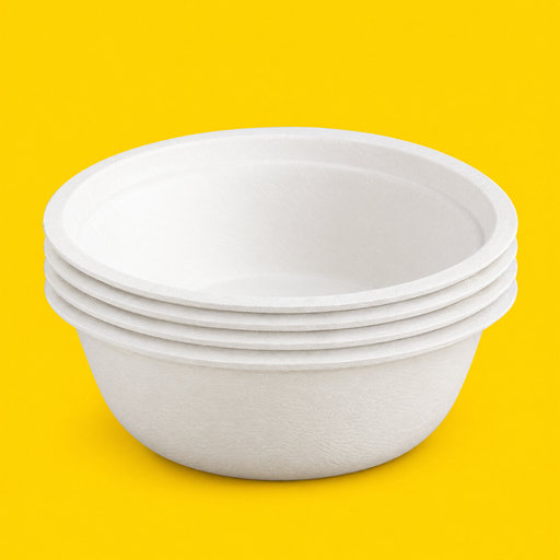 Stack of white bagasse bowls 480ml (16oz), on yellow