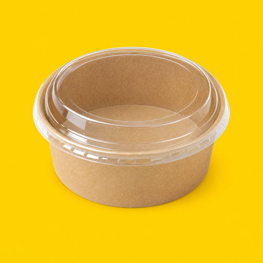 Clear PET lid fitted on a round kraft salad bowl, on yellow