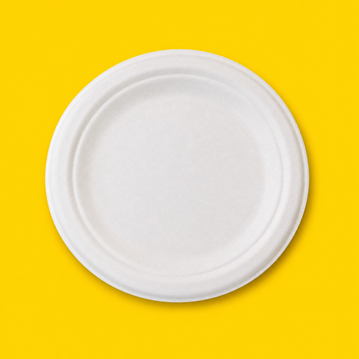 White bagasse 7 inch round plate, on yellow