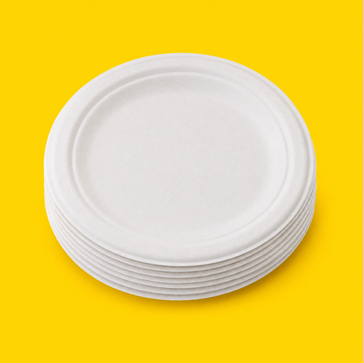 Stack of white bagasse 7 inch round plates, on yellow