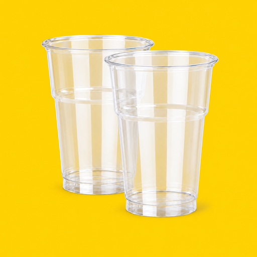 Two clear RPET smoothie cups 300ml (10oz), on yellow