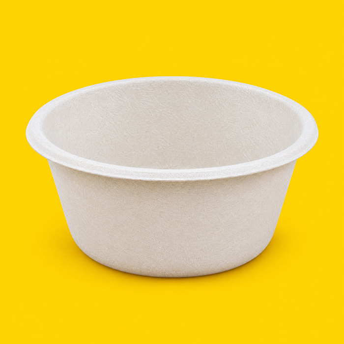 Natural bagasse round bowl 1000ml, on yellow