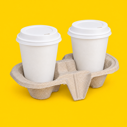 Moulded fibre 2-cup carrier holding two hot cups, on yellow