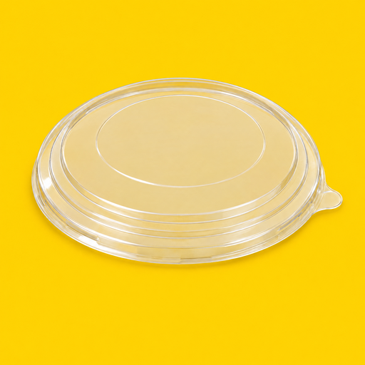 Clear PET lid for round kraft salad bowl, on yellow