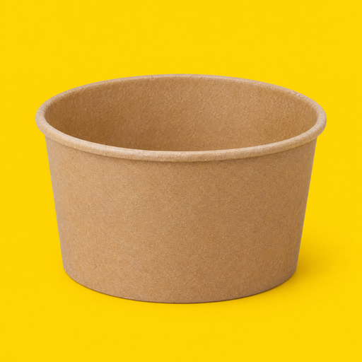 Brown kraft round salad bowl 1000ml, on yellow