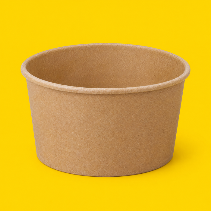 Brown kraft round salad bowl 1000ml, on yellow