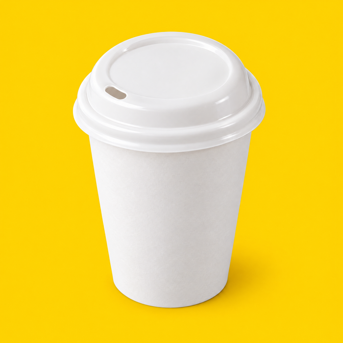White plastic domed sip-thru lid fitted on an 8oz paper cup, on yellow