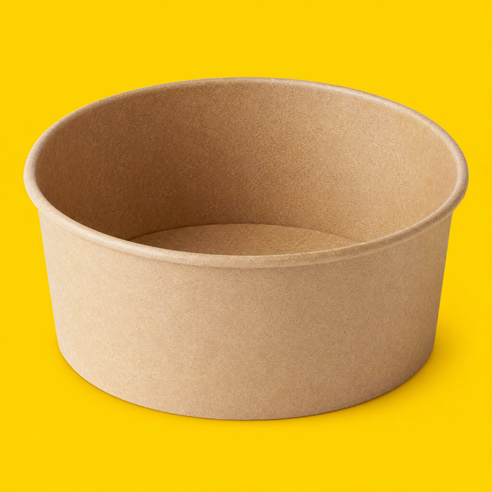 Large brown kraft salad bowl 1300ml, on yellow