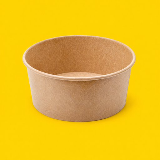 Brown kraft round salad bowl 750ml, on yellow