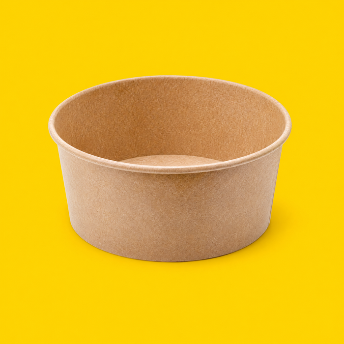 Brown kraft round salad bowl 750ml, on yellow
