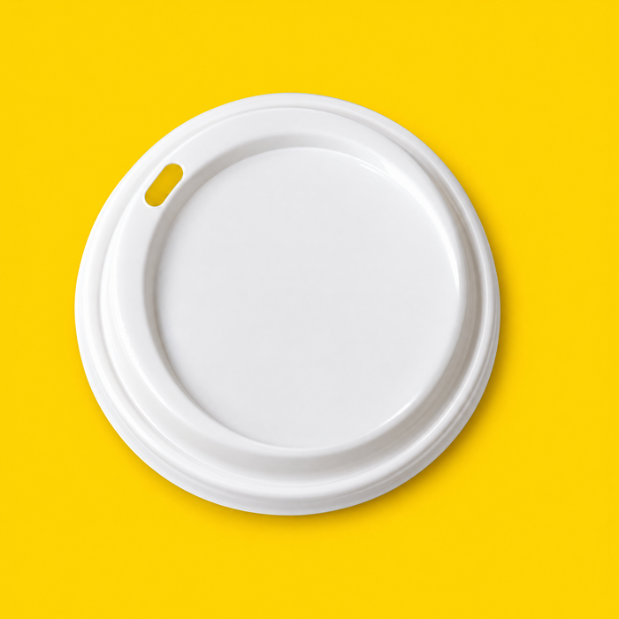 White plastic domed sip-thru lid for 8oz cup, on yellow