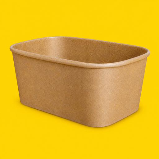 Brown kraft rectangular salad bowl 1000ml, on yellow