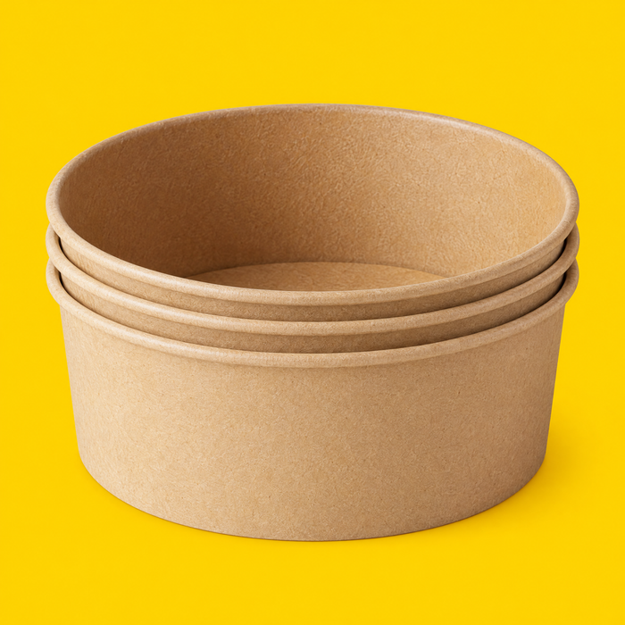 Stack of large brown kraft salad bowls 1300ml, on yellow