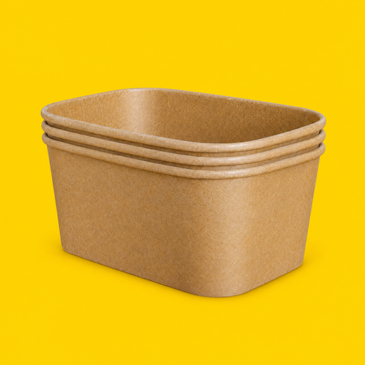Stack of brown kraft rectangular salad bowls 1000ml, on yellow