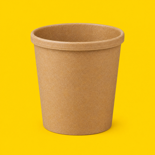 Brown kraft soup container 16oz, on yellow