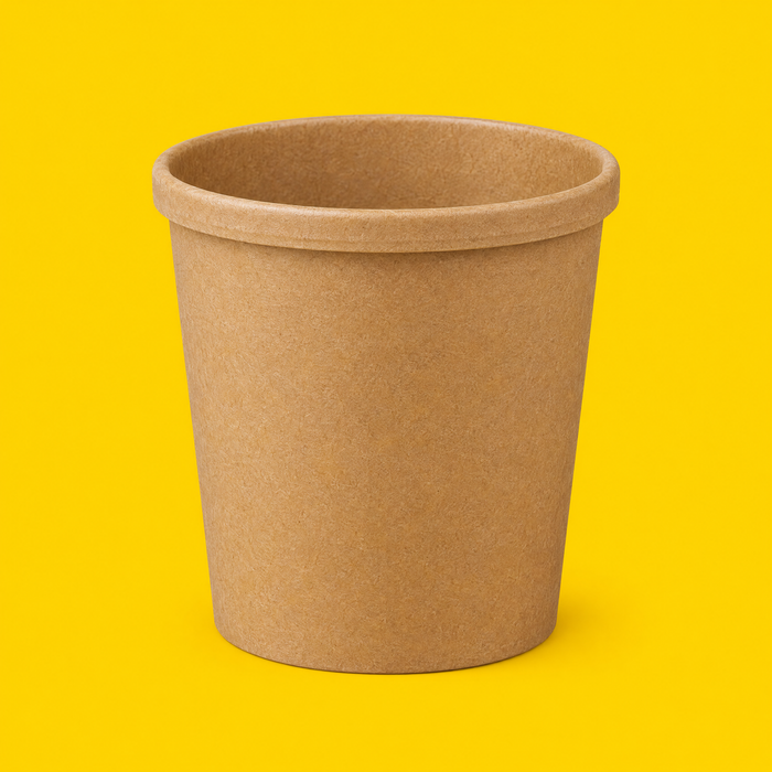 Brown kraft soup container 16oz, on yellow