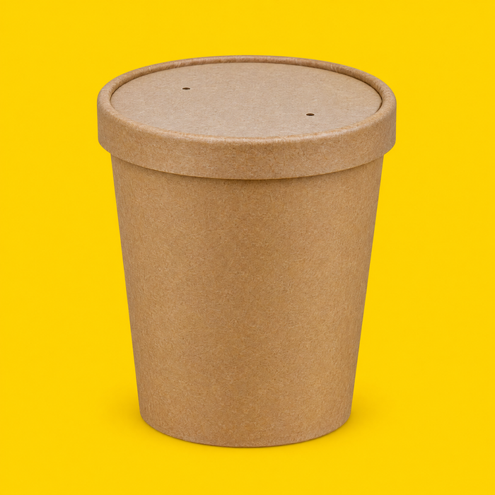 Kraft paper lid fitted on a 1000ml soup container, on yellow