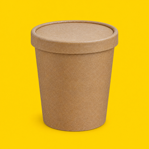 Brown kraft soup bowl 770ml (26oz) with paper lid, on yellow