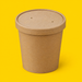 Kraft paper lid fitted on a 16oz soup container, on yellow