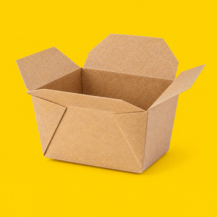 Small kraft Biobox #1 food box, open, on yellow