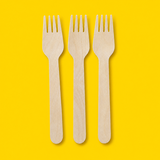 Three birchwood wooden forks, on yellow