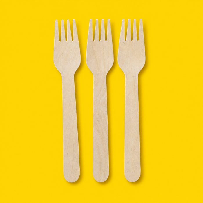 Three birchwood wooden forks, on yellow