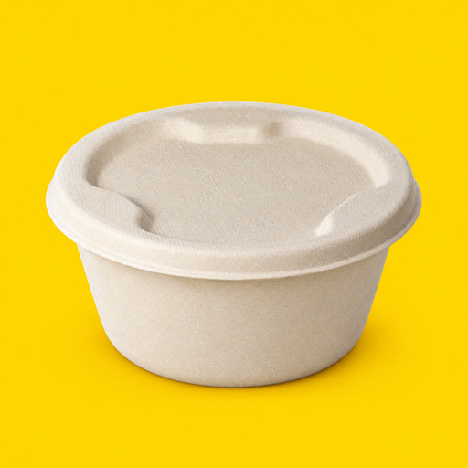 Natural bagasse lid fitted on a 1000ml round bowl, on yellow
