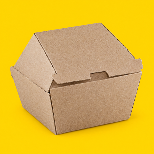 Kraft corrugated burger box, closed, on yellow