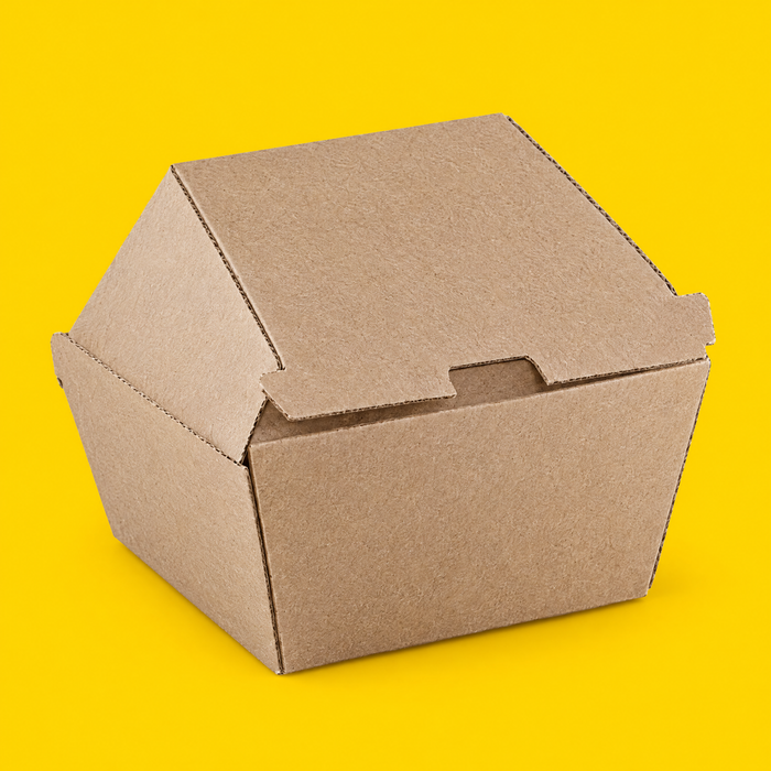 Kraft corrugated burger box, closed, on yellow