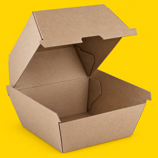 Kraft corrugated burger box, open, on yellow