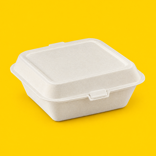 White bagasse 7x5 inch clamshell, closed, on yellow