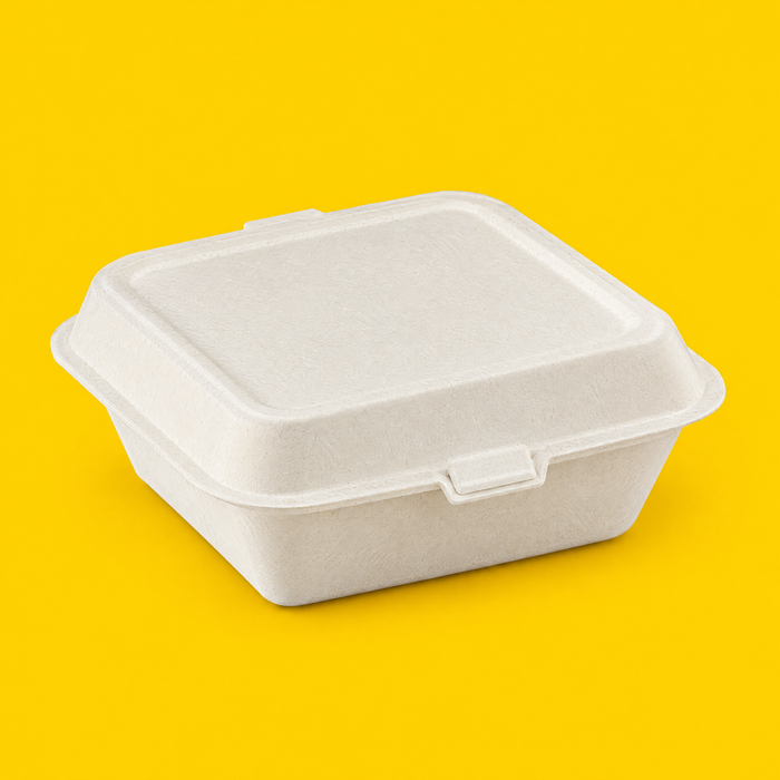 White bagasse 7x5 inch clamshell, closed, on yellow