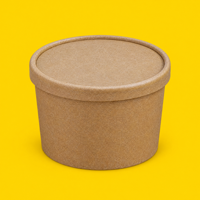 Kraft paper lid fitted on an 8oz soup container, on yellow
