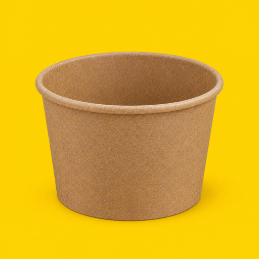 Brown kraft soup container 8oz, on yellow