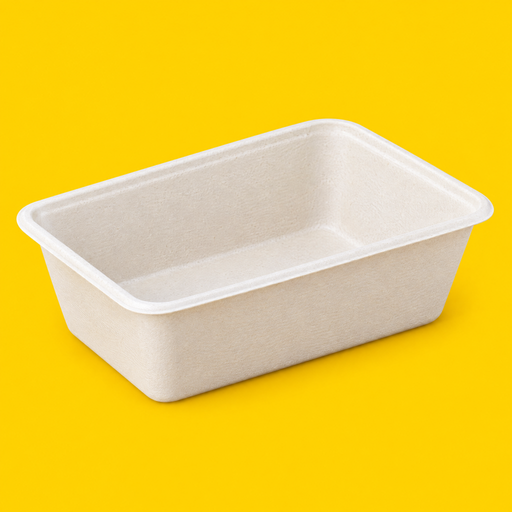 Natural bagasse rectangular tray 800ml, on yellow