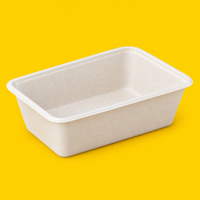 Natural bagasse rectangular tray 800ml, on yellow
