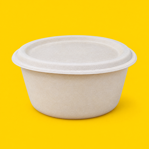 Natural bagasse lid fitted on a 1500ml round bowl, on yellow