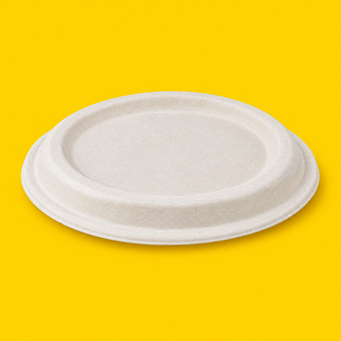 Natural bagasse lid for 1500ml round bowl, on yellow