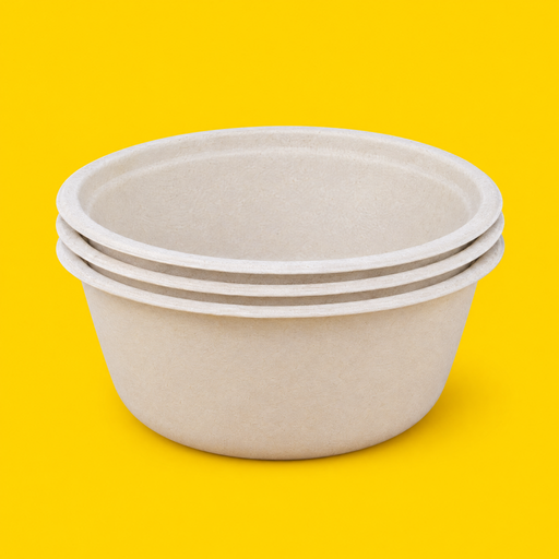 Stack of natural bagasse round bowls 1500ml, on yellow